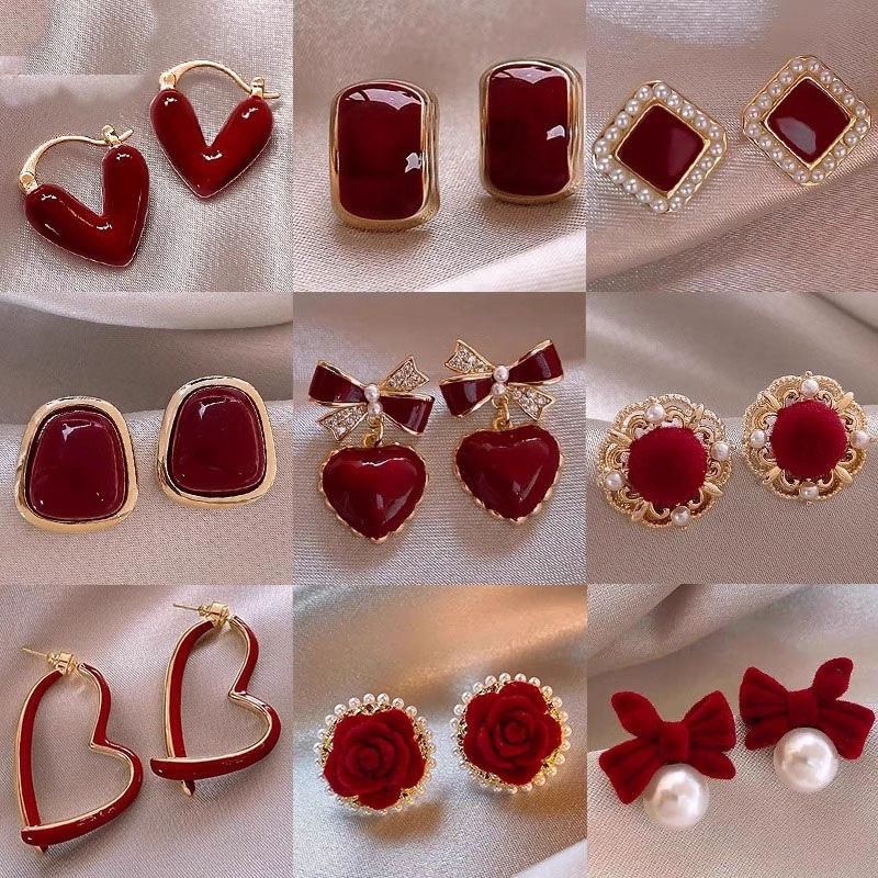 过年新年酒红色耳环女2026年新款潮气质耳钉冬高级感耳饰精致爱心