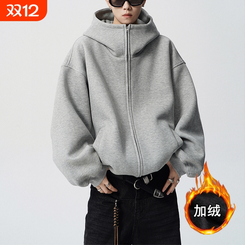 美式加绒连帽卫衣男秋冬季宽松拉链开衫高街外套潮流休闲复古上衣