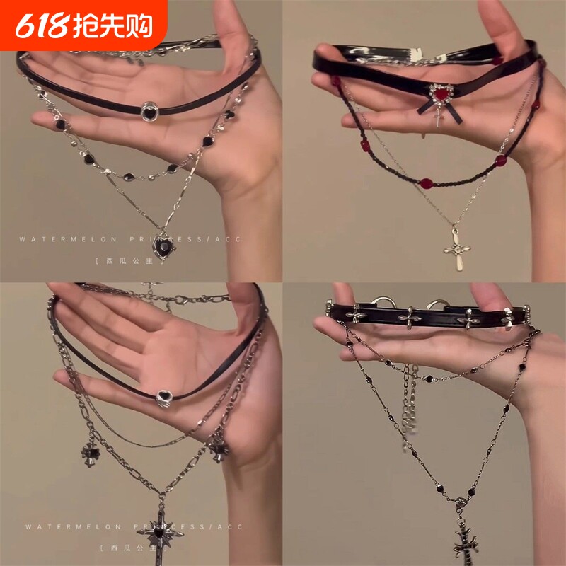 甜酷黑绳锁骨链项链多层叠戴女辣妹黑皮绳链钛钢蛇骨链颈链酷风