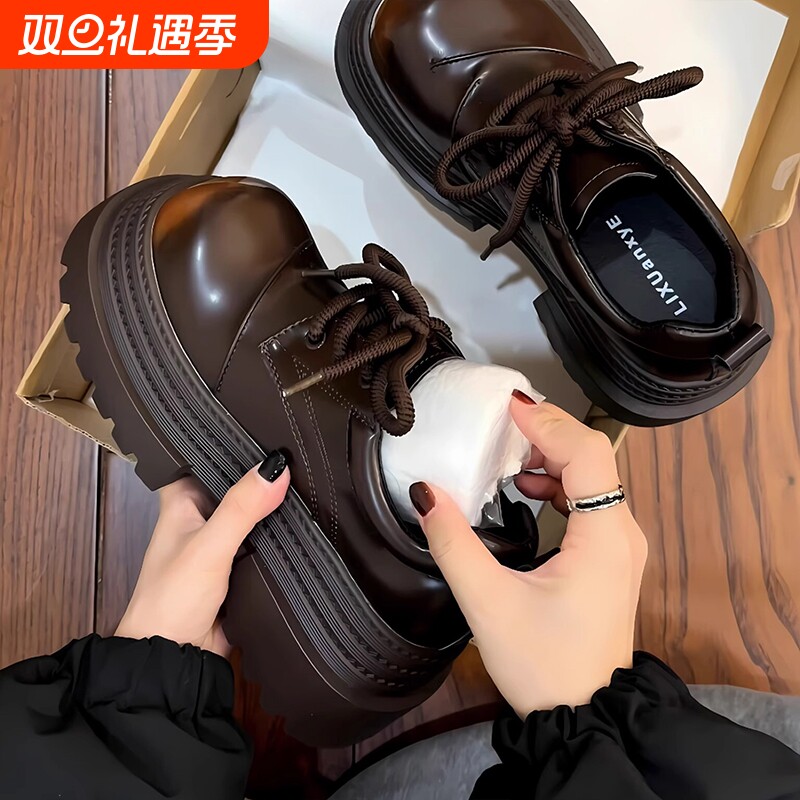 复古英伦风大头小皮鞋女2025春季新款厚底百搭系带乐福鞋增高单鞋