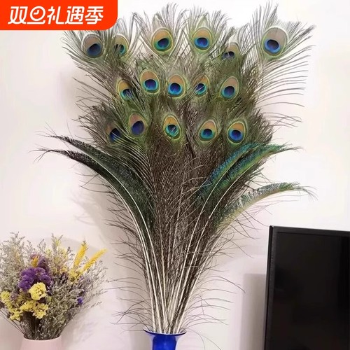 新天然真孔雀羽毛家居摆件孔雀翎尾毛客厅花瓶装饰品招财纳福婚庆