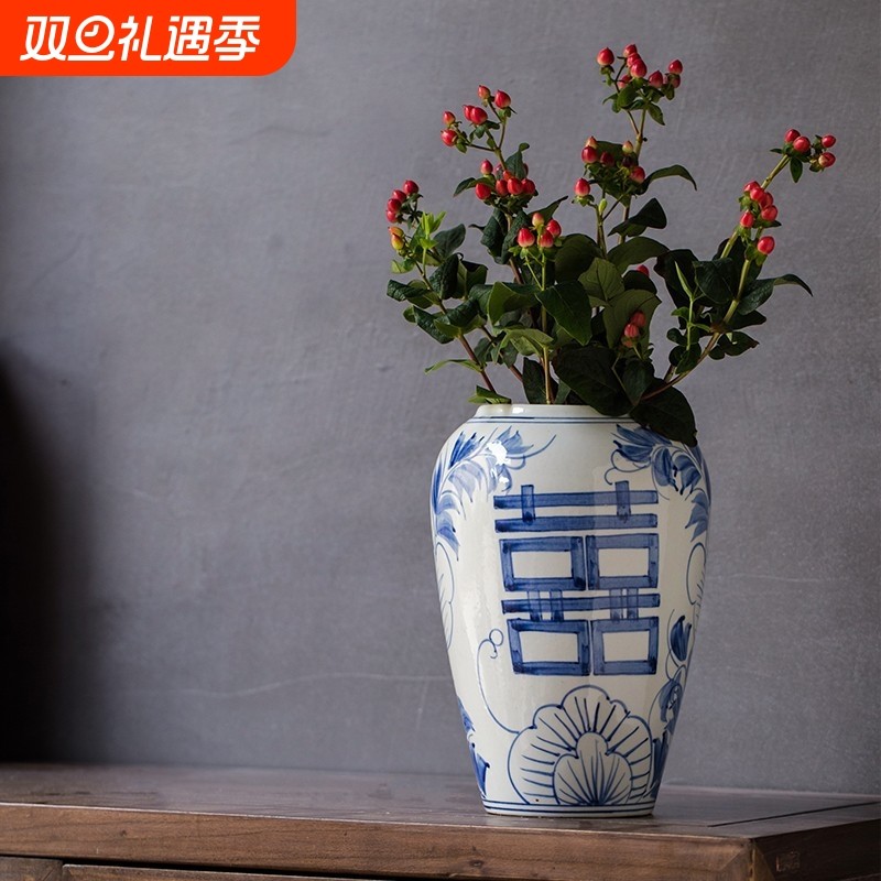 青花瓷花瓶景德镇陶瓷器花瓶插花喜字仿古中式家居客厅小装饰瓷瓶