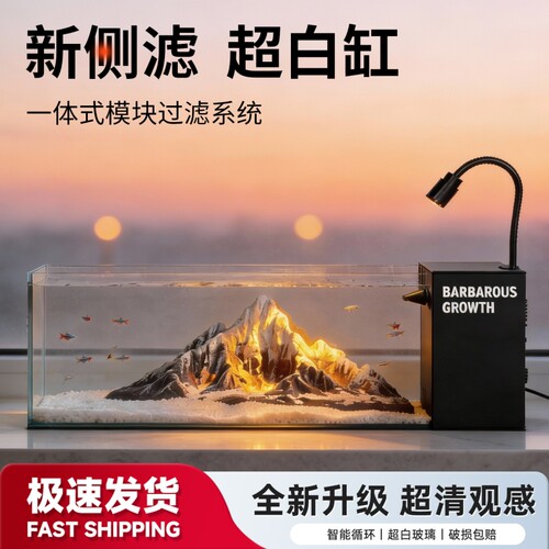 2025新款溪流缸侧滤小型客厅造景鱼缸超白玻璃过滤制氧一体机生态