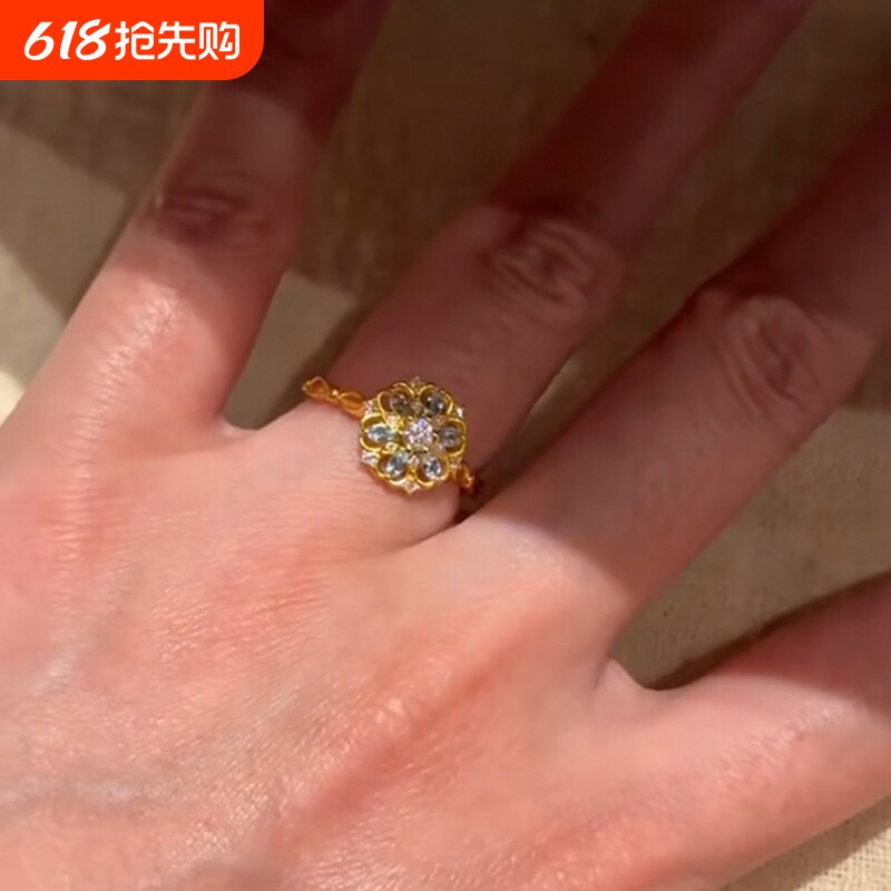 新中式中古小蓝花精致戒指轻奢高级感独特饰品百搭时尚戒指可调节
