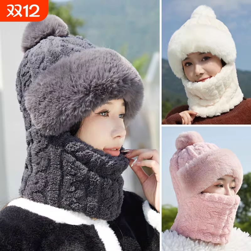 提花套头女冬季一体帽加绒加厚