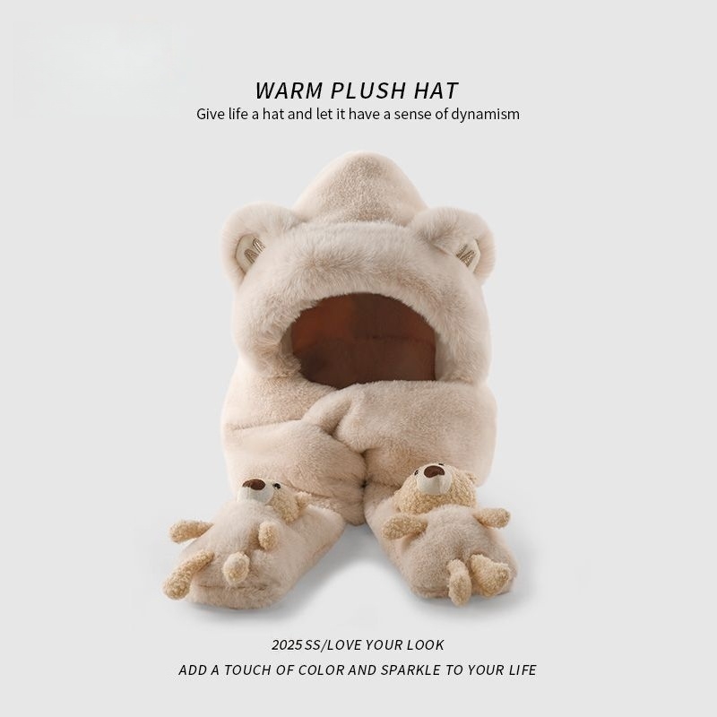 毛绒小熊帽子围巾一体秋冬季加绒加厚女童围巾手套三件套防冻保暖