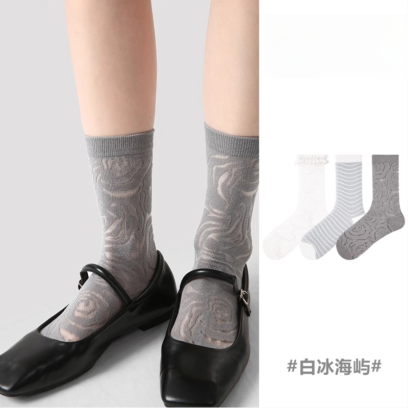 3双装薄款中筒春夏灰色水晶袜玫瑰女袜卡丝公主袜百搭透气堆堆袜