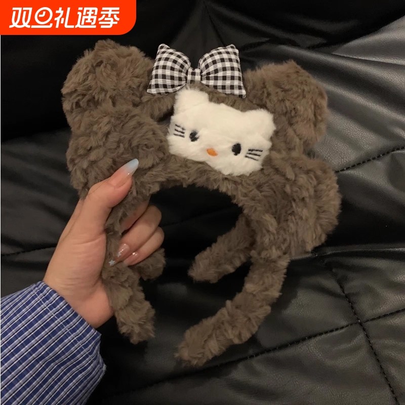 2025新款可爱卡通猫耳朵豹纹毛绒发箍女洗脸化妆头箍