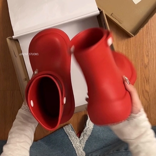 女款 款 2025新款 时尚 外穿短筒雨靴子 夏季 红色厚底防水防滑大头雨鞋