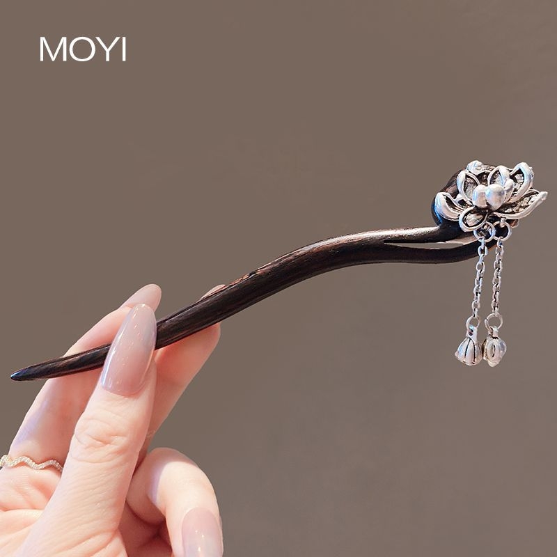 步步生莲古风莲花流苏发簪高级现代简约中式盘发檀木簪子旗袍配饰