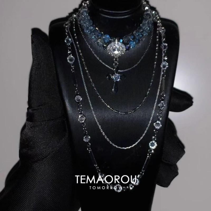 自制干净清冷色多层银蓝灰闪钻十字架项链女晚会配饰宴会颈链