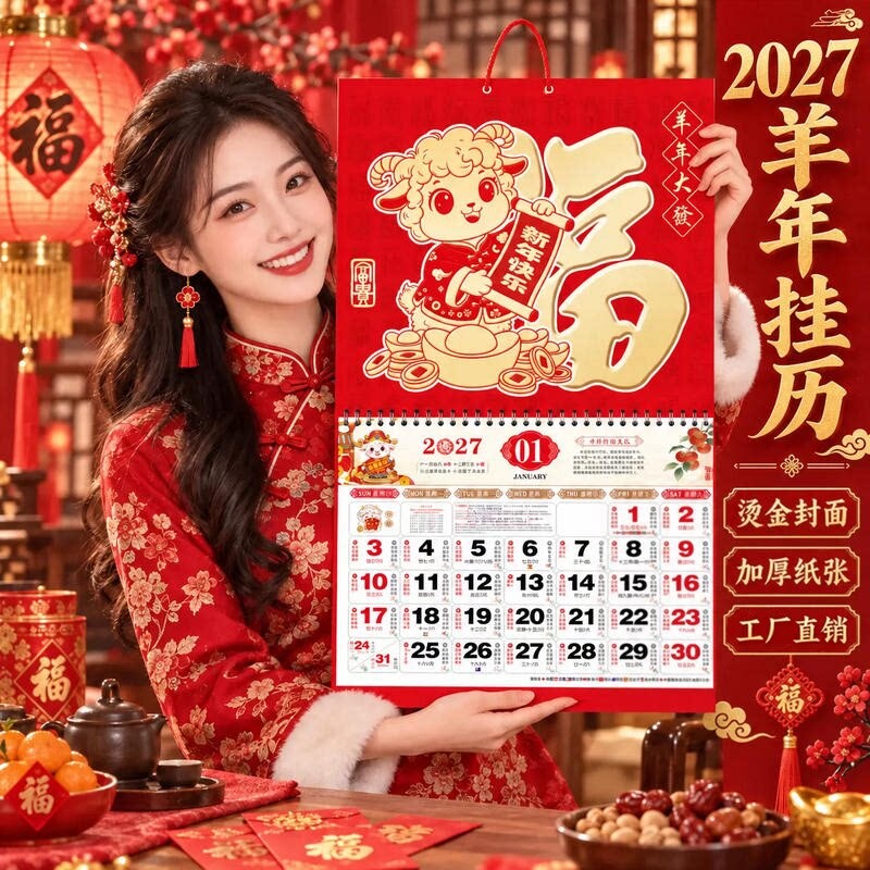 羊年福字挂历新款正六开福字金箔挂历家用中国风创意金福挂墙式装饰日历