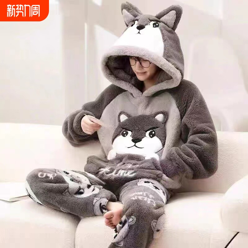 男士睡衣秋冬款冬季珊瑚绒加厚加绒法兰绒卡通家居服冬天男款套装