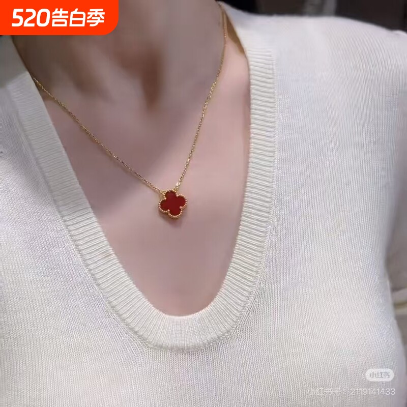红码碯幸运四叶草项链女纯银镀18k玫瑰金轻奢锁骨链礼物贝母黄金