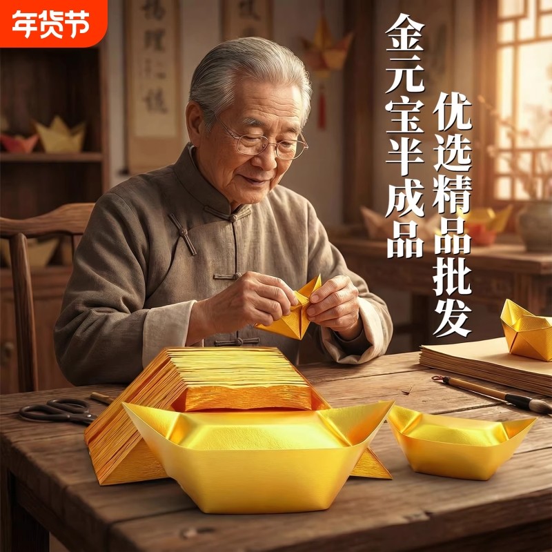 金元宝半成品银元宝手工折纸金纸锡箔纸加厚切角元宝烧纸钱金条金砖整