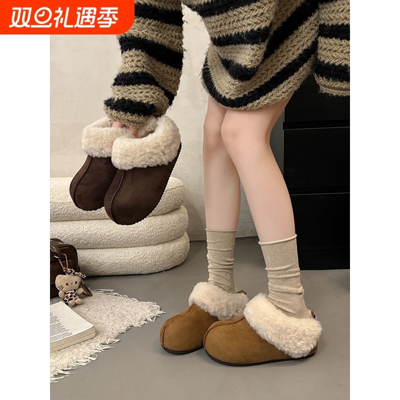 毛绒雪地靴女2025新款加绒保暖包头半拖懒人棉拖毛毛鞋厚底勃肯鞋