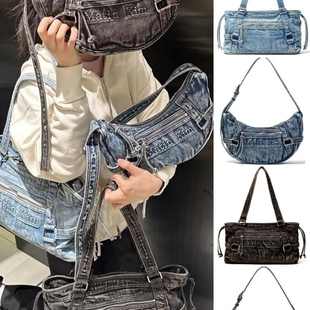 韩国MK新款牛仔复古水洗做旧手提包牛角包Ins托特hobo包单肩黑色