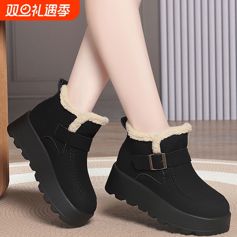三福厚底雪地靴女2025新款冬季加绒保暖棉鞋小个子增高短靴马丁靴