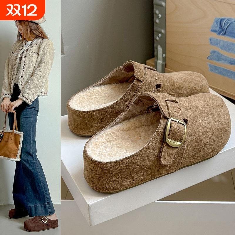 厚底内增高勃肯鞋女外穿2025新款秋冬加绒保暖棉鞋包头半拖鞋毛绒