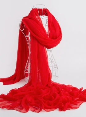 长款丝巾女超大薄围巾新款防晒百搭大红色拍照纱滩巾披肩多功能