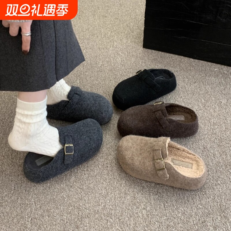 增高厚底勃肯包头半拖鞋女新款法式松糕灰色毛毛拖鞋女外穿穆勒鞋