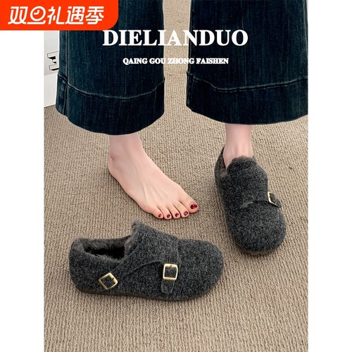 灰色勃肯鞋女2025新款冬季爆款超火一脚蹬加绒保暖鞋子女鞋内增高