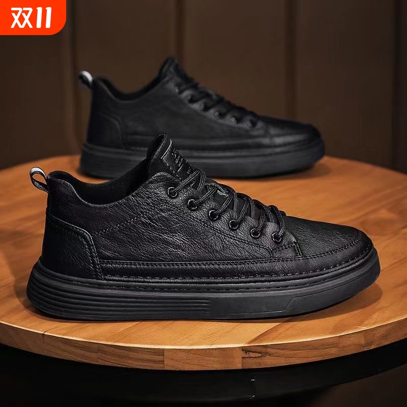 皮鞋男鞋秋季厨师上班防滑防水工作厨房专用休闲黑色耐脏劳保板鞋