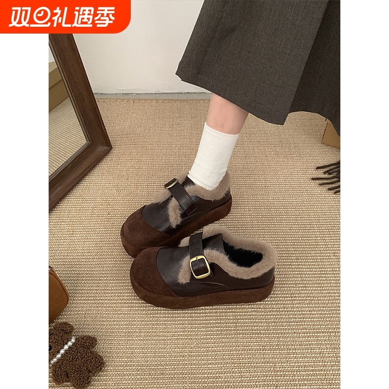 棕色复古加绒加厚保暖厚底棉鞋女冬外穿2025新款增高毛毛勃肯鞋子
