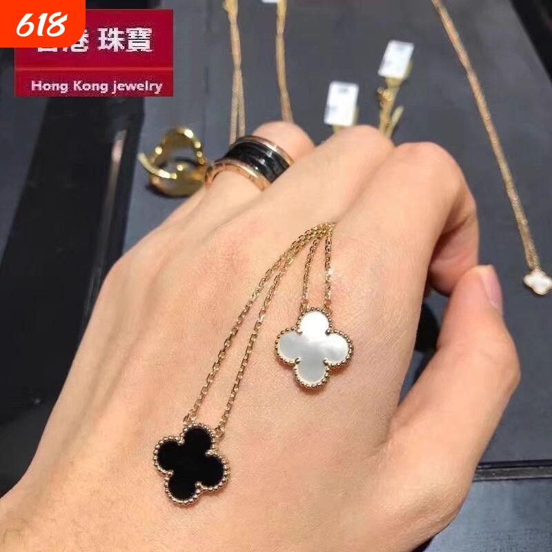 四叶草项链白贝母幸运黑玛瑙红玉髓轻奢满钻锁骨链红玛瑙黄金送礼