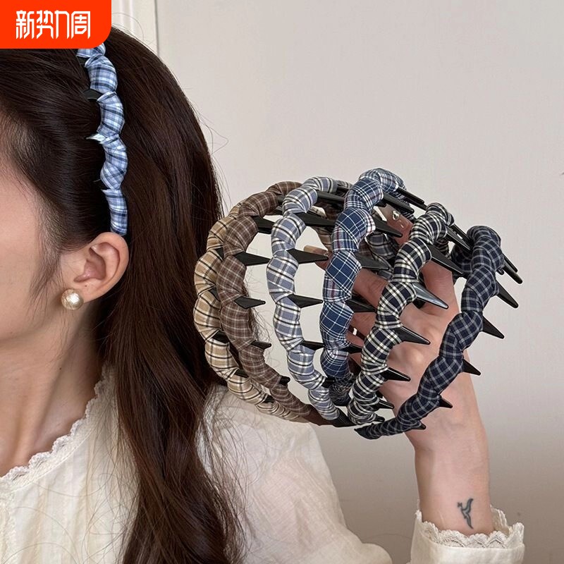 高颅发箍带齿头箍防滑韩系百搭格纹布艺带齿2025新款发卡压发发饰