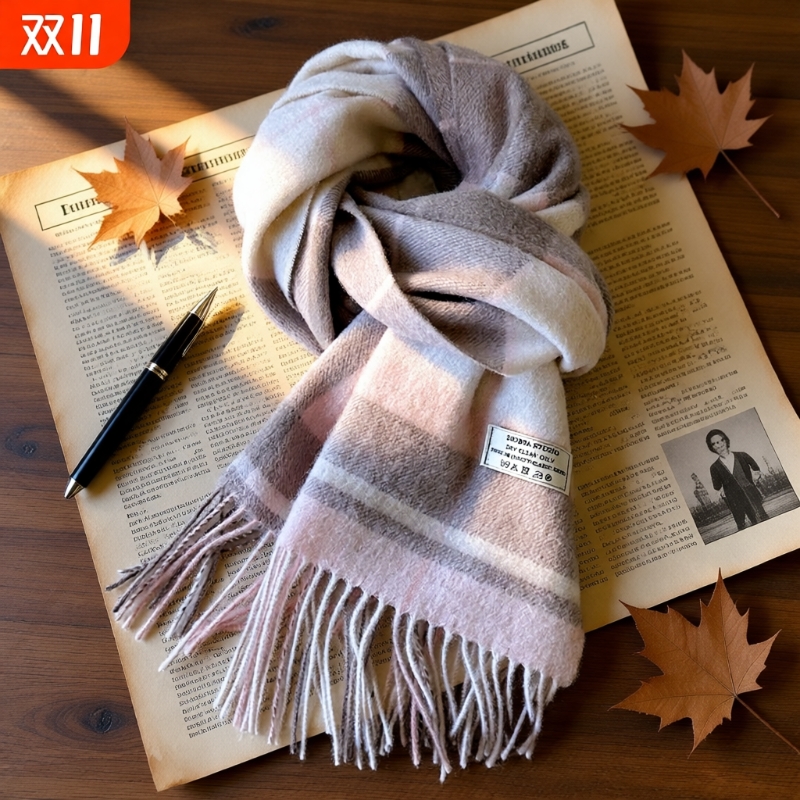 冬季100%纯羊毛围巾女新款格子轻薄保暖羊绒围脖情侣披肩生日礼物