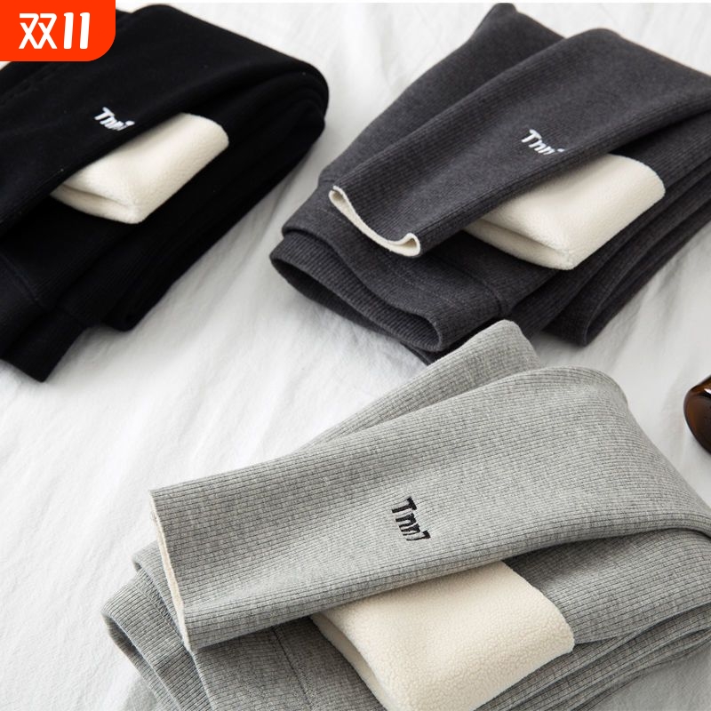 加绒打底裤女穿秋冬季紧身灰色薄绒大码加厚秋裤线裤灰色保暖棉裤