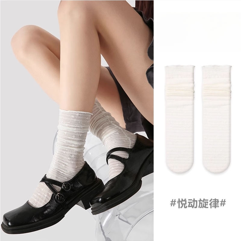 春夏学生袜子女ins潮夏季薄款透气白色玛丽珍蕾丝中筒袜条纹长筒
