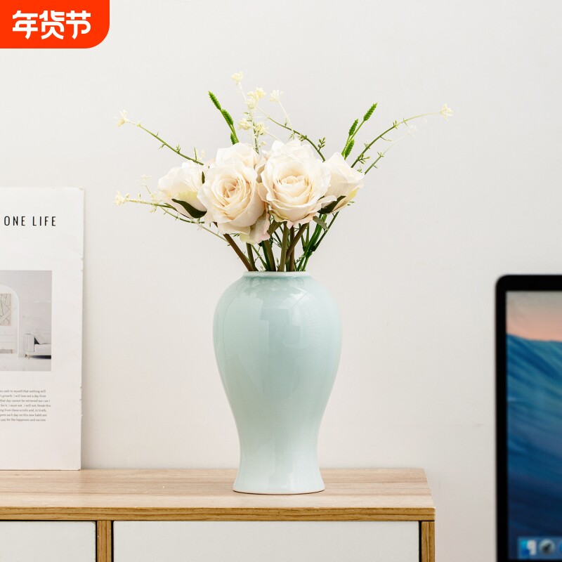 中式陶瓷花瓶客厅插花简约桌面仿真花鲜花装饰摆件玄关轻奢高级感