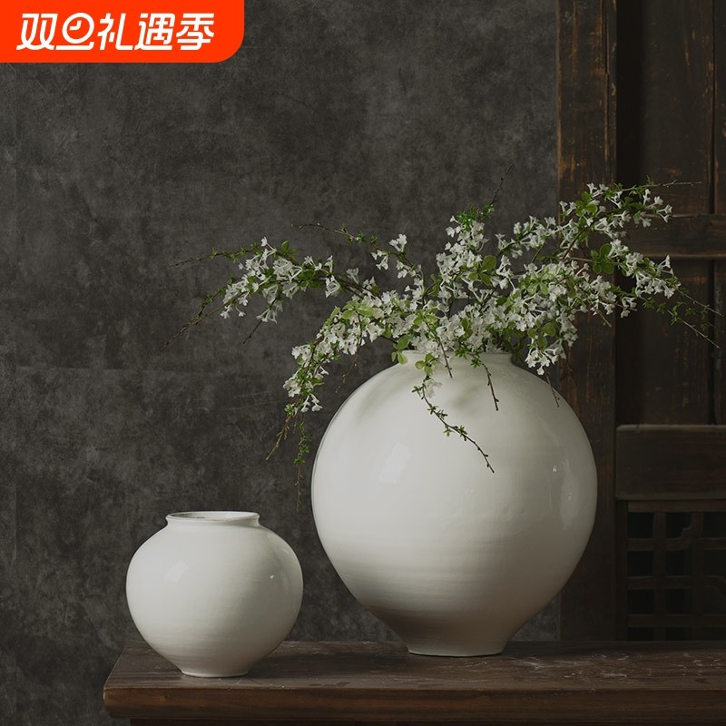 景德镇手工陶瓷创意复古花瓶白色陶艺摆件禅意插花干花民宿装饰品