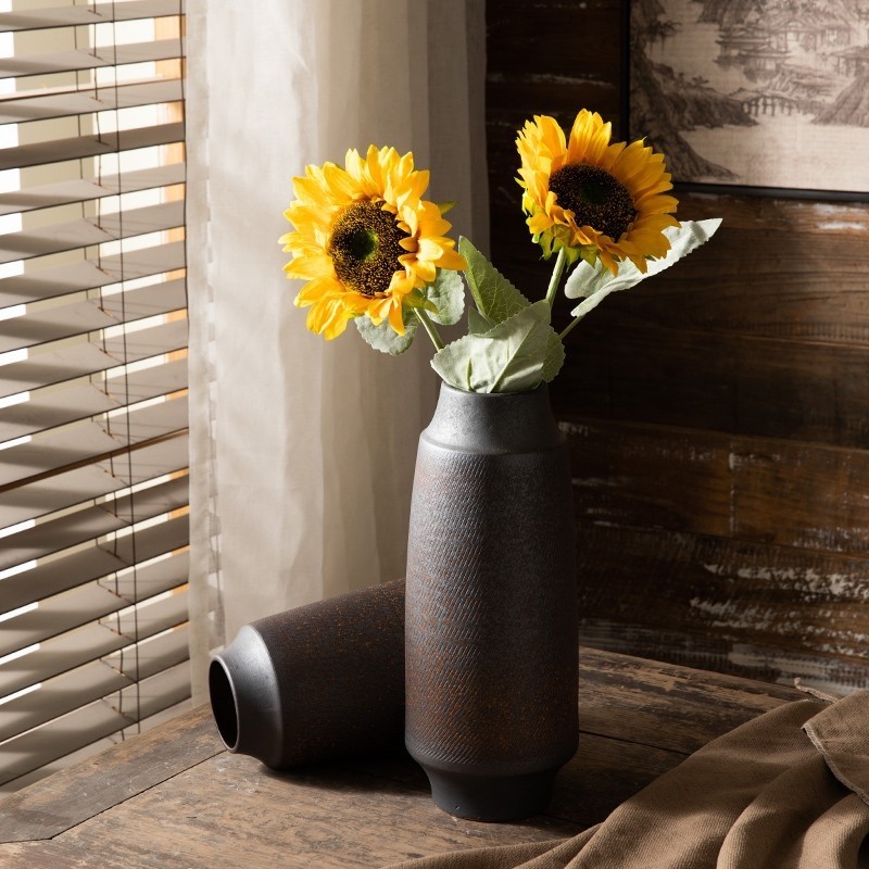 景德镇陶瓷花瓶铁艺工艺品复古桌面摆件书房客厅雕刻纹理装饰花器