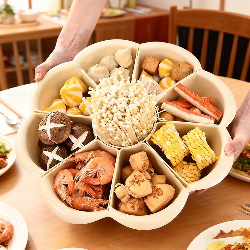 可旋转火锅配菜盘分格收纳蔬菜拼盘多功能沥水菜盘子厨房备菜神器