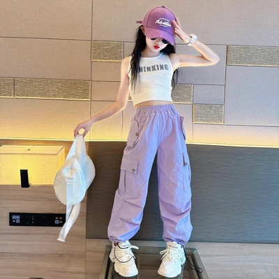 紫色工装裤女童夏季2025新款儿童潮酷穿搭裤子女大童夏装薄款街舞