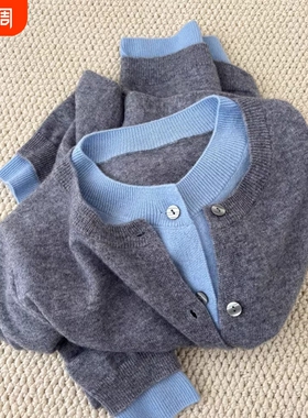 深灰色圆领针织衫女秋冬2025新款设计感假两件大码内搭单排扣毛衣