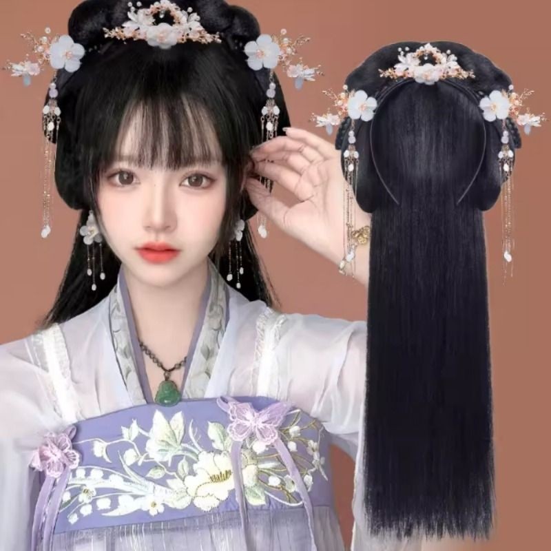 汉服假发一体懒人发箍流苏头饰古风盘发髻发饰造型古装日常垫发包