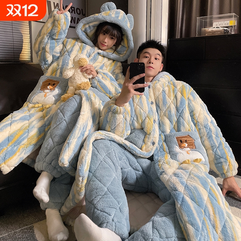 情侣珊瑚绒三层夹棉袄加厚加绒