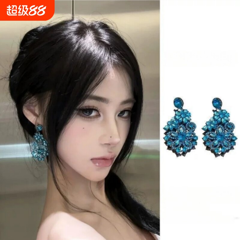 蓝色流苏花朵耳环2026新款爆款图片