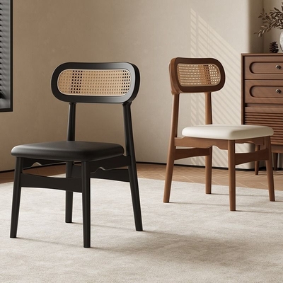 美式复古实木藤编餐椅家用餐桌椅子高级感靠背风凳子餐厅藤椅轻奢