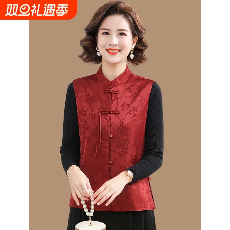 民族风短款马甲女妈妈春秋新款马夹印花开衫唐装盘扣坎肩复古外套