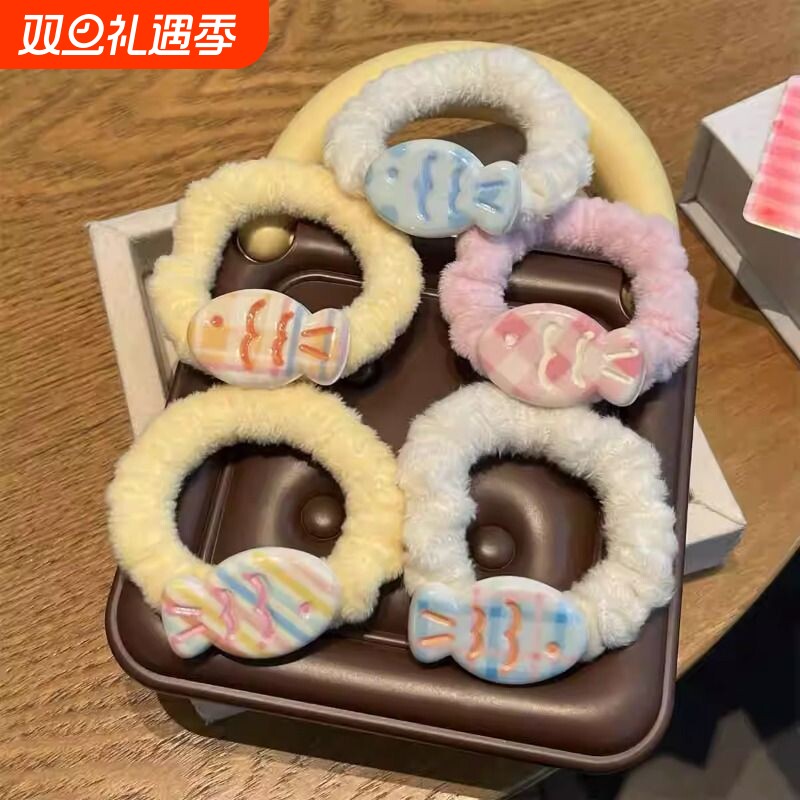 可爱奶油色小鱼毛绒发圈发夹少女扎头发马卡龙风ins头绳发卡发饰