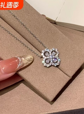 高版四叶草满钻石项链镀厚铂金白金LP不掉色花朵形锁骨颈链不掉色