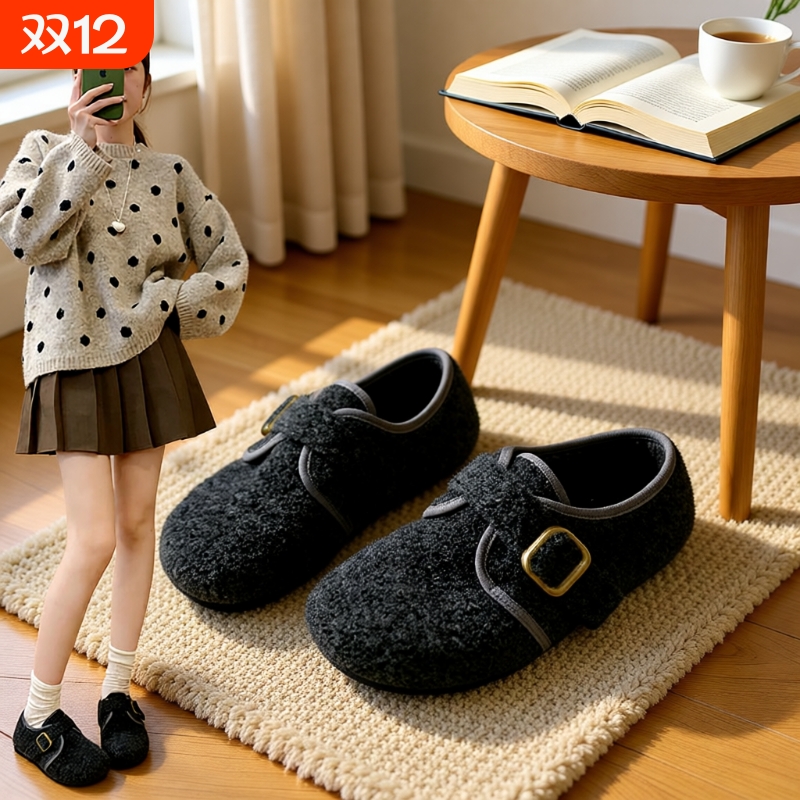 内增高厚底呢子灰色毛毛鞋女2025秋冬新款加绒保暖棉鞋单鞋勃肯鞋