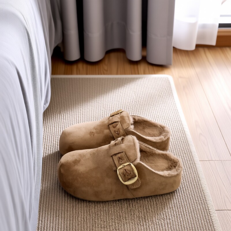 厚底包头半拖毛毛鞋女加绒豆豆勃肯鞋2025新款冬季鞋子一脚蹬棉拖