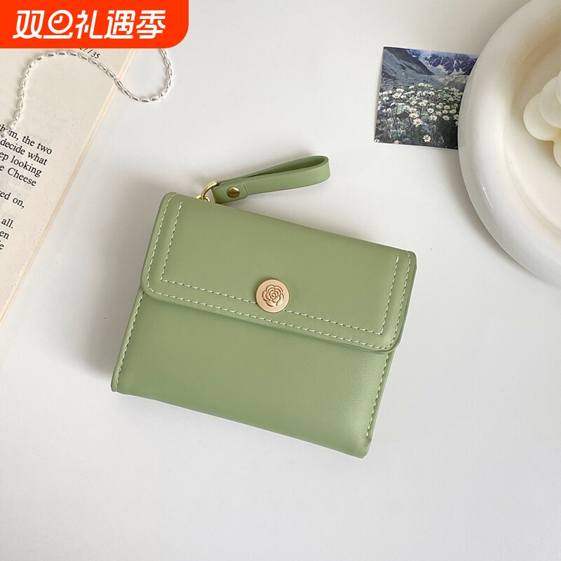 复古山茶花小清新设计钱包女学生多功能短款钱夹卡包零钱包~证件