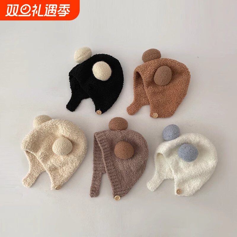 ins韩国洋气婴儿护耳帽秋冬季毛绒保暖小月龄宝宝撞色双球帽子冬